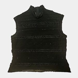 Tadashi Shoji stunning sequined beaded ruffle mock neck fitted cropped blouse